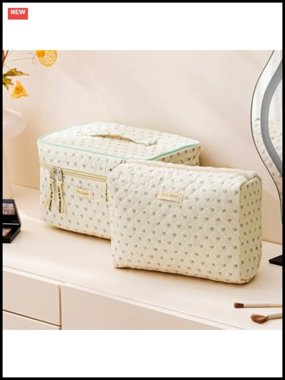 Quilted Cotton Makeup Bag Set of 3 Large Travel Toiletry Organizer Floral